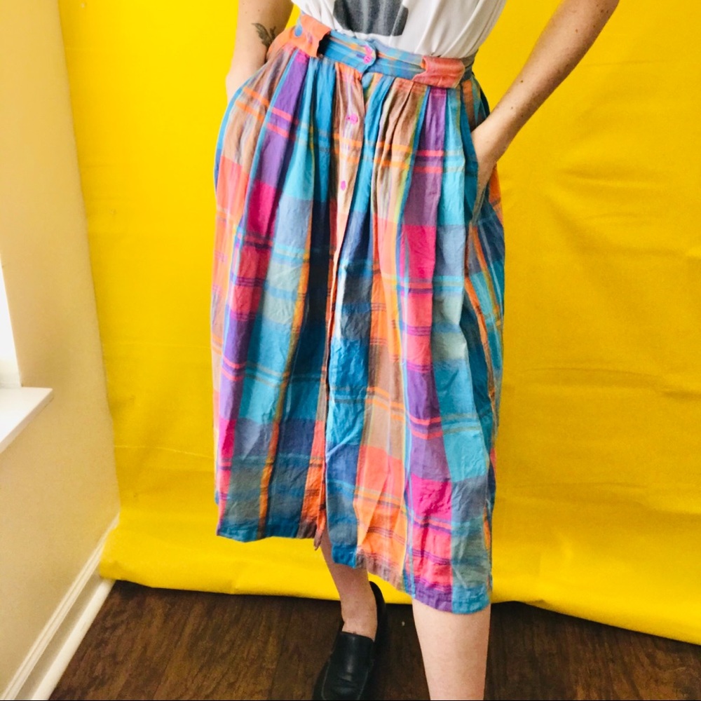 80s Pastel Plaid Midi Skirt Vtg Vintage 1980s